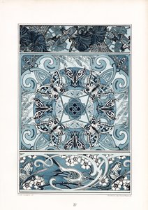 Blaue und weiße Ornamentmuster mit Schmetterlingen und Vogel
