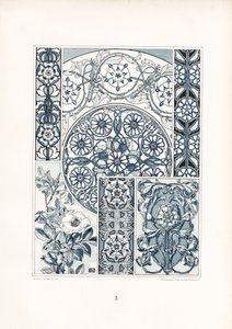Blaue und weiße Wildrosen-Motive und ornamentale Strukturen (Lithografie)