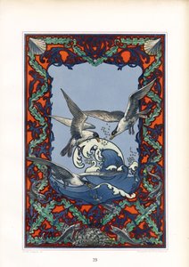 Dekoratives Meerespaneel mit Möwen und Wellen (Lithografie)