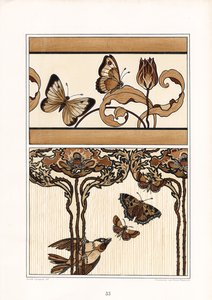 Florale Zierbänder mit Schmetterlingen und Tulpen (Lithografie) von Arnold Lyongrün