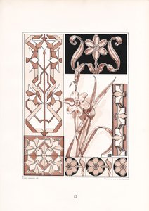 Narzissenmotive und geometrische Ornamente in Rosatönen