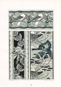 Ornamentale Kompositionen mit Schwänen und Schmetterlingsmotiven (Lithografie)