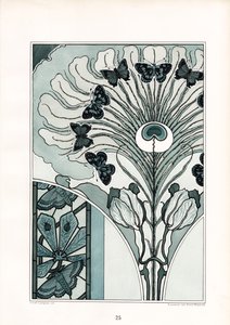 Pfauenfeder-Ornament mit Schmetterlingen und Tulpen von Arnold Lyongrün