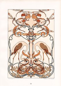 Symmetrisches Jugendstil-Ornament mit Libellen, Reihern und mythischen Kreaturen von Arnold Lyongrün