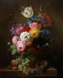 Stillleben mit Rosen, Mohn, Azaleen und Tulpen. Gemälde von Arnoldus Bloemers (1786-1844).