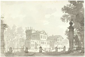Palast in einem eingezäunten Park, rechts ein Gittertor von Aron Wallick