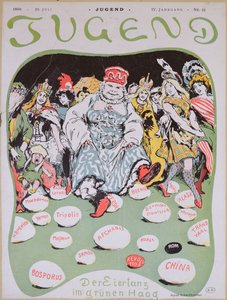 Eiertanz, Karikatur zur Ersten Haager Friedenskonferenz, aus der deutschen Zeitschrift Jugend, 29. Juli 1899 von Arpad Schmidhammer