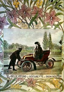 La Belle Otero am Steuer eines De Dion-Bouton Autos, ca. 1900 von Arsene Herbinier