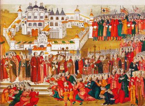 Eine Menschenmenge im Hypatian-Kloster bittet Michail Romanows Mutter, ihn nach Moskau gehen zu lassen und zu werden