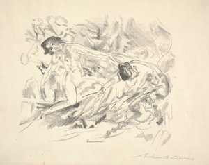 Zwei weibliche Figuren in einer Landschaft