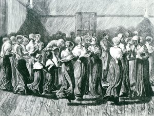 Shakers bei einem Treffen: der religiöse Tanz, Illustration aus The Graphic, veröffentlicht am 14. Mai 1870 von Arthur Boyd Houghton