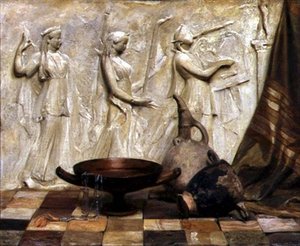 Ein Skyphos, ein Kylix, ein Weinkrug und eine ägyptische Halskette vor einem griechischen Fries von Arthur Hacker