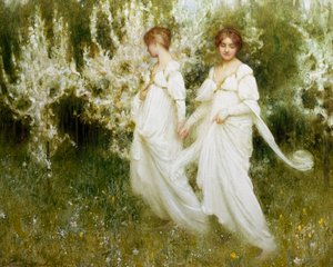 "Unschuld" Zwei Frauen in Weiß, die Unschuld und Reinheit symbolisieren, spazieren in einem Garten