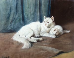 Eine weiße Perserkatze mit ihren Kätzchen von Arthur Heyer