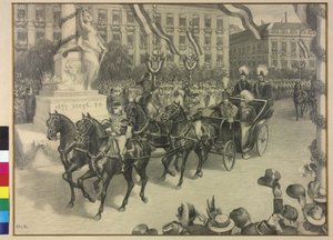 Umzug von Kaiser Wilhelm II und Kaiser Franz Joseph I in Budapest 1897 (Bleistiftzeichnung)