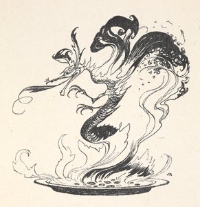 Ein Drache, der aus einem Teller brennenden Geldes auftaucht