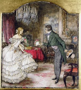 Ein junger Mann überreicht einem Mädchen einen Blumenstrauß in einem Salon von Arthur Rackham