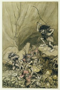 Alberich treibt eine Gruppe von Nibelungen mit Gold- und Silberschätzen, eine Illustration aus Das Rheingold und die Walküre von Richard Wagner (1813-83) veröffentlicht 1910