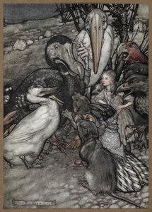 Alice und die Tiere nach dem Caucus-Rennen, einschließlich eines Dodos, einer Ente, einer Ratte, einer Krähe und eines Papageis von Arthur Rackham