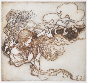 Eine Illustration eines Mädchens, das sich die Haare bürstet, mit Gänsen und einem Jungen im Hintergrund, aus Die Gänsemagd. von Arthur Rackham