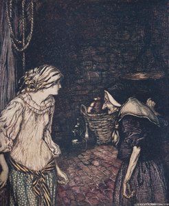 Endlich erreichte sie den Keller, und dort fand sie eine alte, alte Frau mit einem zitternden Kopf .., aus den Märchen der Brüder Grimm von Arthur Rackham