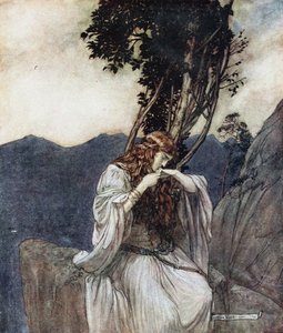 Brünnhilde küsst den Ring, den Siegfried bei ihr gelassen hat. Illustration für Siegfried und Die Dämmerung von Arthur Rackham