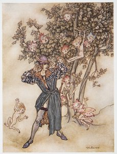 Last (zerstreut) Hört, hört!, Illustration aus William Shakespeares Der Sturm, veröffentlicht 1926 von Arthur Rackham