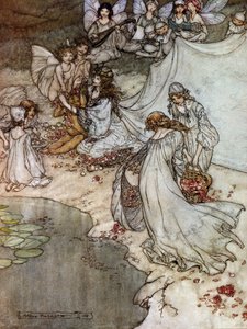 Elfen machen Rosenketten. Illustration für Ein Sommernachtstraum von William Shakespeare von Arthur Rackham