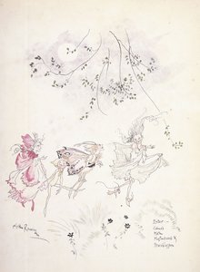 Eintritt: Cobweb, Moth, Mustardseed & Peaseblossom. Illustration zu Shakespeares "Ein Sommernachtstraum", ca. 1908 von Arthur Rackham