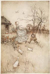 Ausgestattet mit einem Paar seiner väterlichen, abgetragenen Galligaskins, die er ebenso hochhalten musste wie eine feine Dame ihren Zug bei schlechtem Wetter., aus Rip Van Winkle von Washington Irving, veröffentlicht 1910 von Arthur Rackham