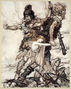 Fasolt ergreift plötzlich Freia und zieht sie mit Fafner zur Seite von Arthur Rackham