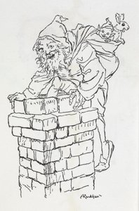 Weihnachtsmann, der mit Geschenken in einen Schornstein klettert von Arthur Rackham