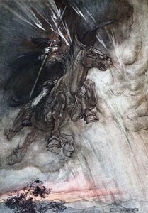 Wütend reitet Wotan zum Felsen. Illustration für Das Rheingold und Die Walküre von Richard Wagner