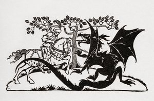 Georg und der Drache. Aus dem Buch Englische Märchen, nacherzählt von F.A. Steel mit Illustrationen von Arthur Rackham, veröffentlicht 1927.