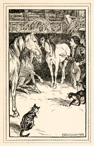 Gulliver hat die Ehre, von den Gästen seiner Herren befragt zu werden, aus Teil IV: Eine Reise ins Land der Houyhnhnms in Gullivers Reisen von Jonathan Swift von Arthur Rackham