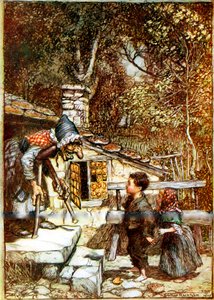 Hänsel und Gretel und die Hexe an der Türschwelle ihres Häuschens von Arthur Rackham
