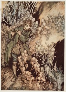 Er spielte, bis der Raum vollständig mit Gnomen gefüllt war, aus Kleiner Bruder & Kleine Schwester und andere Märchen der Brüder Grimm, veröffentlicht 1917