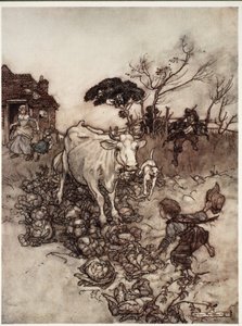 Seine Kuh würde sich verirren oder unter die Kohlköpfe geraten., aus Rip Van Winkle von Washington Irving, veröffentlicht 1910 von Arthur Rackham
