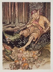 Hop-o-my-thumb schlich sich zum Ogre und zog ihm seine Siebenmeilenstiefel aus, aus The Arthur Rackham Fairy Book, veröffentlicht 1933 von Arthur Rackham