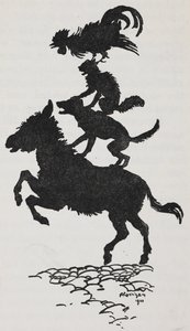 Illustration der Bremer Stadtmusikanten mit einem Esel, Hund, Katze und Hahn von Arthur Rackham