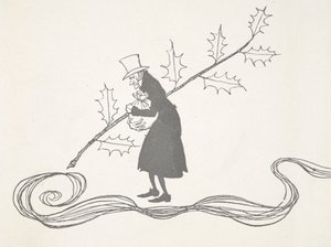 Illustration von Scrooge, dargestellt mit einem Stechpalmenzweig, der eine Geldtasche hält und wütend aussieht. von Arthur Rackham