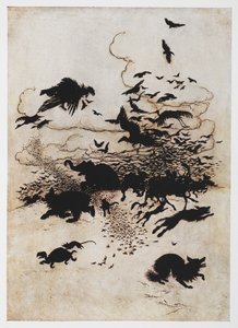 Illustration einer Tierstampede aus Die Wren und der Bär von Arthur Rackham