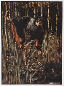 Illustration eines Jünglings an einem Teich aus Die weiße Schlange von Arthur Rackham