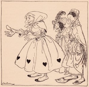 Es kamen die drei Frauen herein, die auf die seltsamste Weise gekleidet waren. Illustration von Arthur Rackham aus Grimms Märchen, Die drei Spinnerinnen.