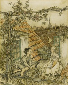 Kay und Gerda in ihrem Garten hoch oben auf dem Dach. Illustration für das Märchen Die Schneekönigin von Arthur Rackham
