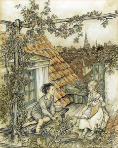 Die Schneekönigin - Kay und Gerda in ihrem Garten hoch oben auf dem Dach von Arthur Rackham
