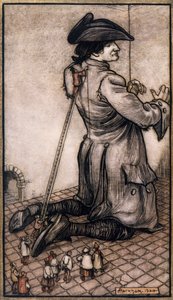 Liliputanische Schneider messen Gulliver für einen neuen Anzug, Illustration von Arthur Rackham (1867-1939) aus Gullivers Reisen von Jonathan Swift von Arthur Rackham