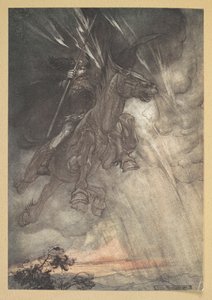 "Wütend reitet Wotan zum Felsen! Wie ein Sturmwind kommt er!" von Arthur Rackham