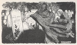 Scrooge und ein Geist auf einem Friedhof bei Nacht.