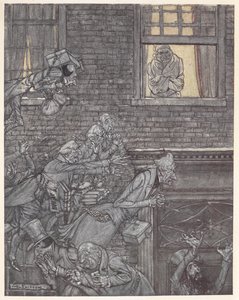 Scrooge an seinem Fenster, beobachtet Geister auf der Straße darunter